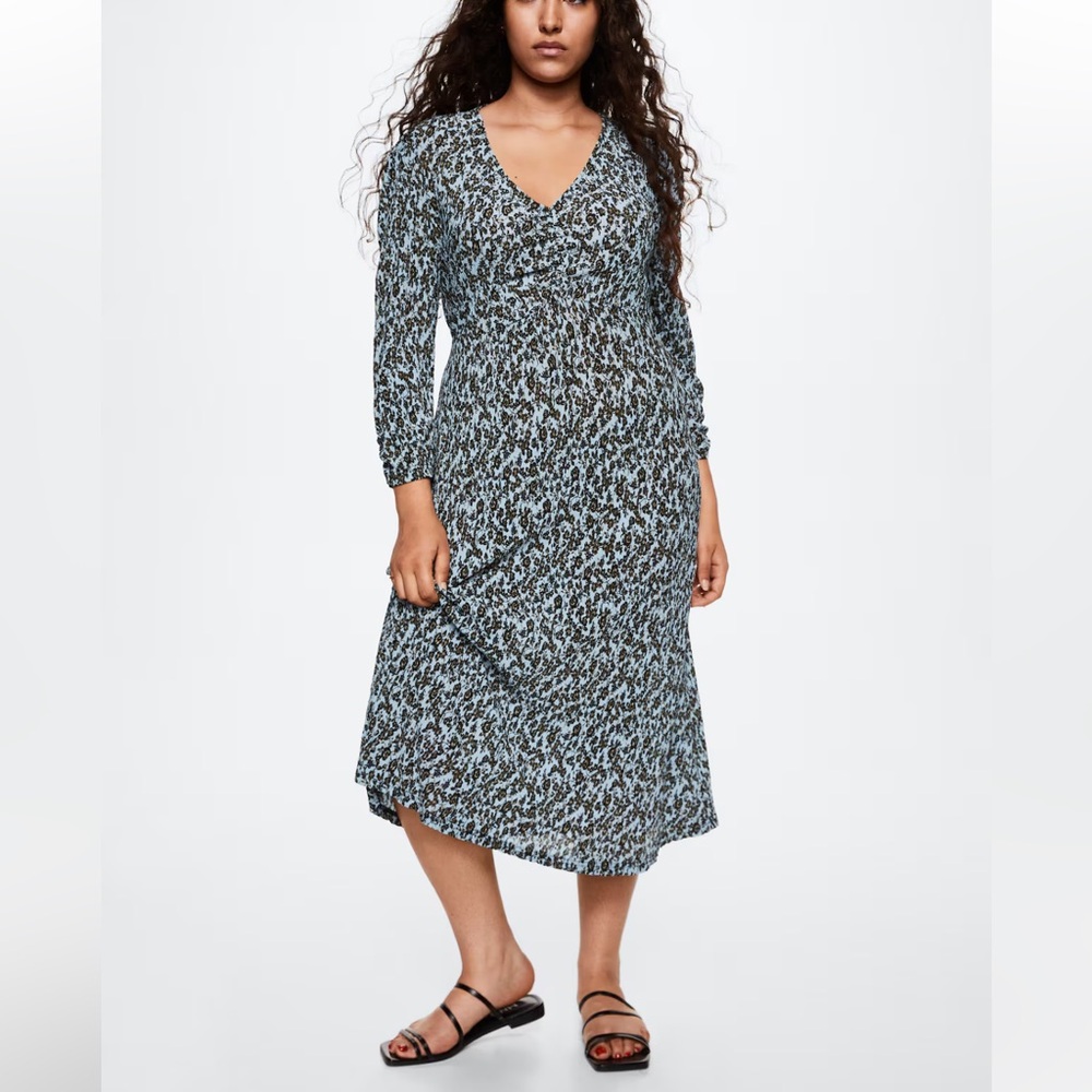 Mango blue floral print pleated midi dress